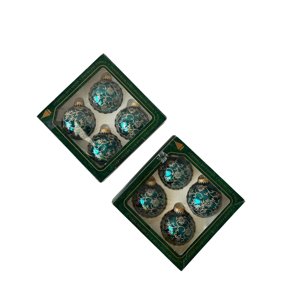 2 Boxes Vintage Christmas Krebs Glass 8 Ornaments Stenciled Green Gold Glitter